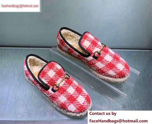 Gucci Horsebit Merino Wool Lining Loafers 575850 Check Tweed Red/White 2020