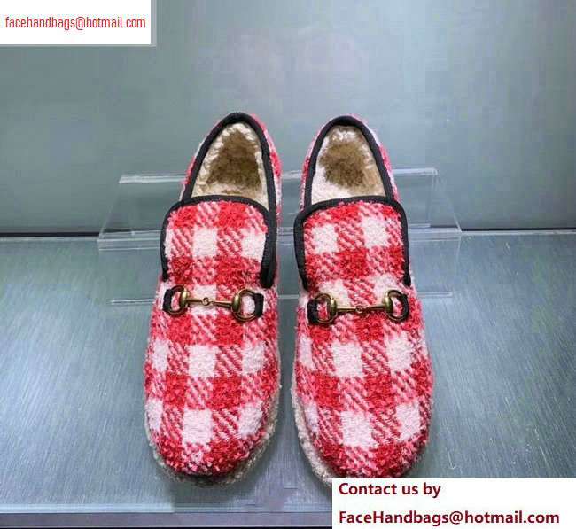 Gucci Horsebit Merino Wool Lining Loafers 575850 Check Tweed Red/White 2020 - Click Image to Close