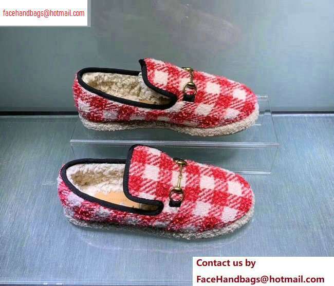 Gucci Horsebit Merino Wool Lining Loafers 575850 Check Tweed Red/White 2020 - Click Image to Close