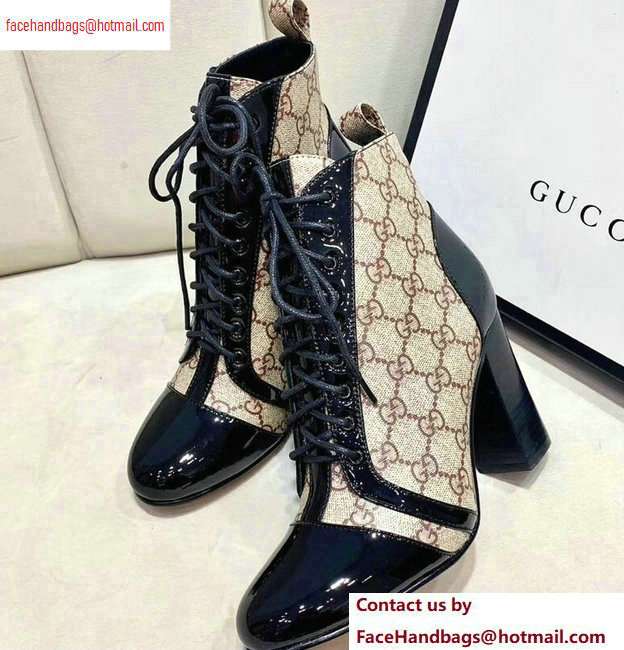Gucci Patent Black Lace-up Ankle Boots GG Beige 2020 - Click Image to Close