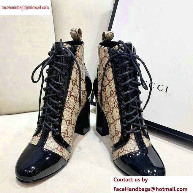 Gucci Patent Black Lace-up Ankle Boots GG Beige 2020