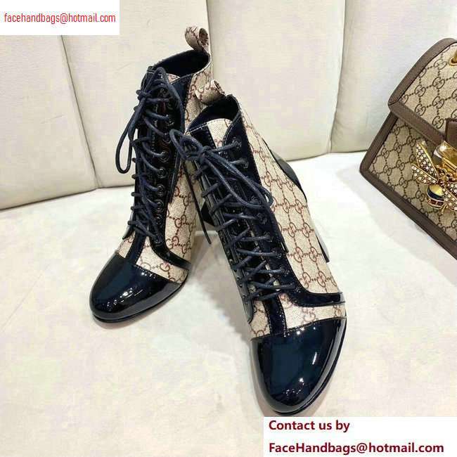 Gucci Patent Black Lace-up Ankle Boots GG Beige 2020 - Click Image to Close