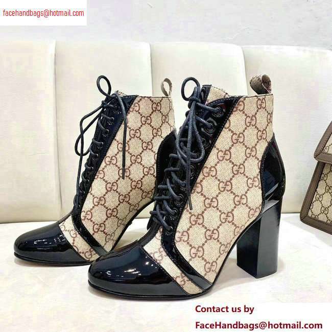Gucci Patent Black Lace-up Ankle Boots GG Beige 2020