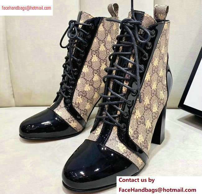 Gucci Patent Black Lace-up Ankle Boots GG Beige Bee 2020 - Click Image to Close