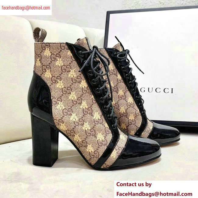 Gucci Patent Black Lace-up Ankle Boots GG Beige Bee 2020 - Click Image to Close