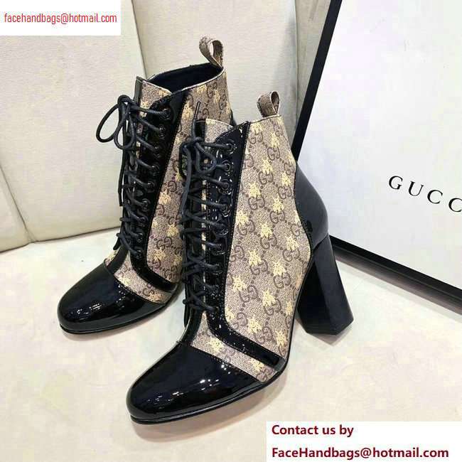 Gucci Patent Black Lace-up Ankle Boots GG Beige Bee 2020