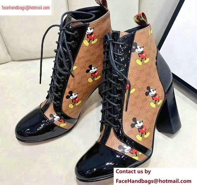 Gucci Patent Black Lace-up Ankle Boots GG Khaki Mickey Mouse 2020 - Click Image to Close