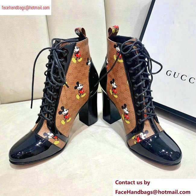 Gucci Patent Black Lace-up Ankle Boots GG Khaki Mickey Mouse 2020
