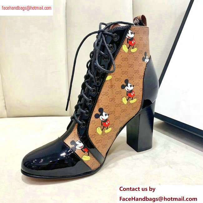 Gucci Patent Black Lace-up Ankle Boots GG Khaki Mickey Mouse 2020