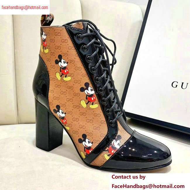 Gucci Patent Black Lace-up Ankle Boots GG Khaki Mickey Mouse 2020 - Click Image to Close