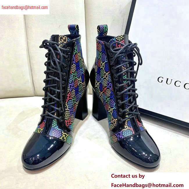 Gucci Patent Black Lace-up Ankle Boots GG Multicolor Stars 2020