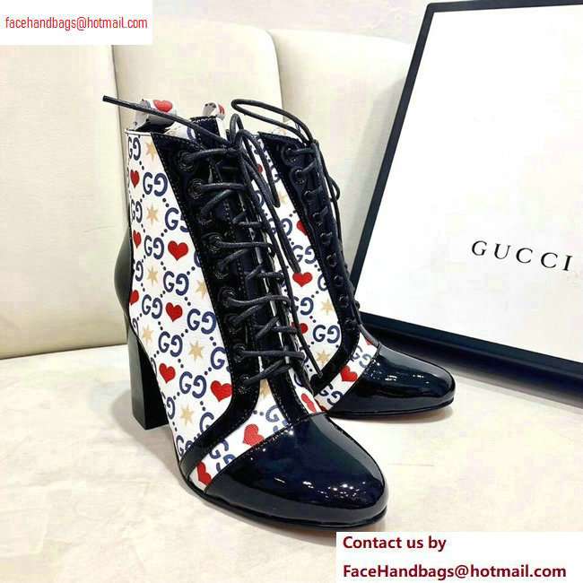 Gucci Patent Black Lace-up Ankle Boots GG Star and Heart 2020