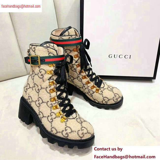 Gucci Web Strap with Buckle Wool Ankle Boots GG Beige 2020