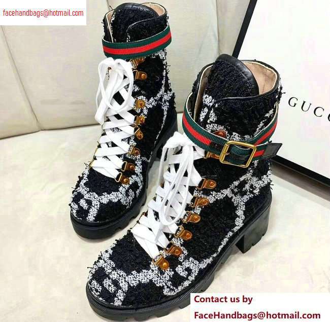Gucci Web Strap with Buckle Wool Ankle Boots GG Black 2020 - Click Image to Close