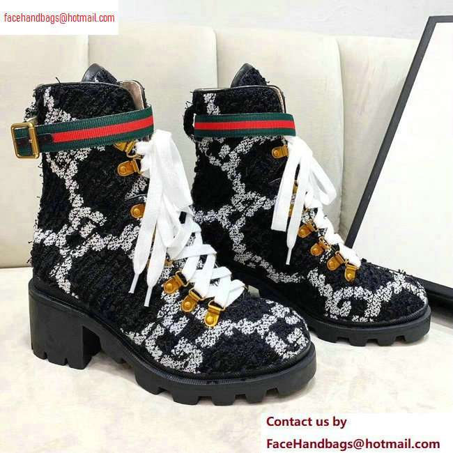 Gucci Web Strap with Buckle Wool Ankle Boots GG Black 2020