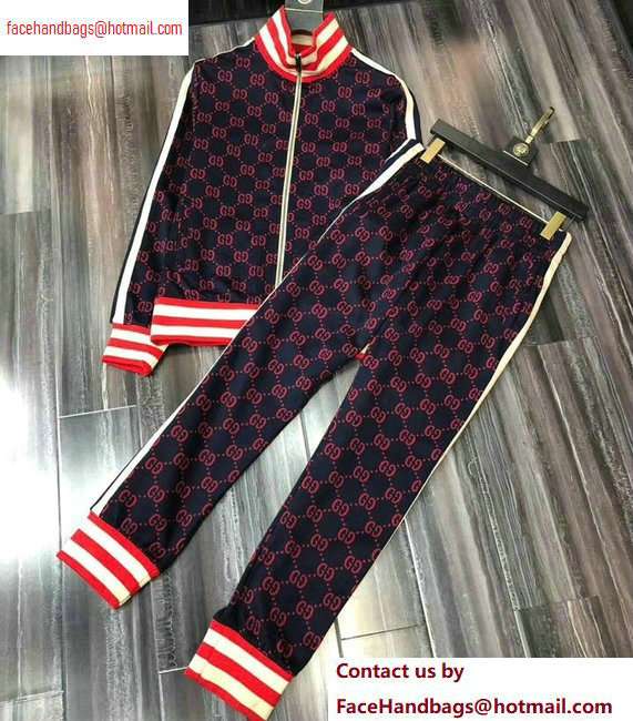 Gucci Web Trim GG Jacket and Pants Suit Dark Blue/Red 2020 - Click Image to Close