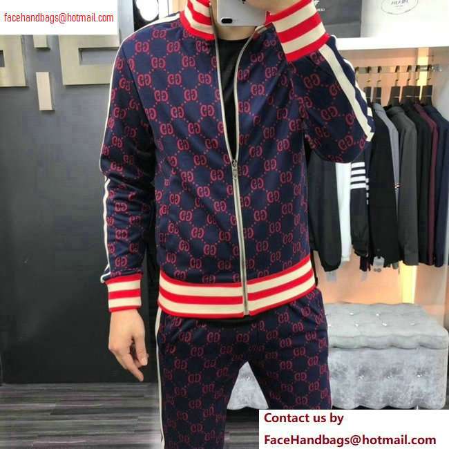 Gucci Web Trim GG Jacket and Pants Suit Dark Blue/Red 2020 - Click Image to Close