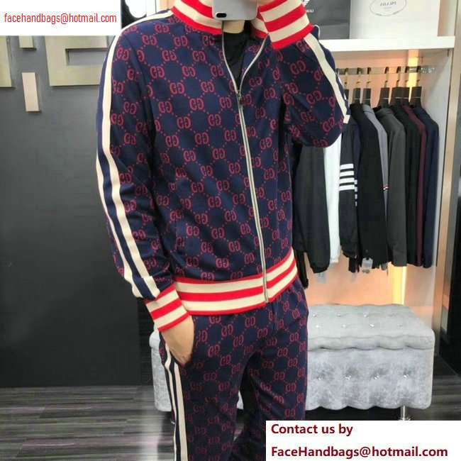 Gucci Web Trim GG Jacket and Pants Suit Dark Blue/Red 2020
