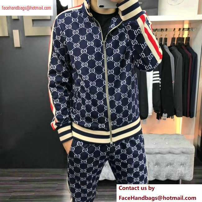 Gucci Web Trim GG Jacket and Pants Suit Dark Blue/White 2020 - Click Image to Close