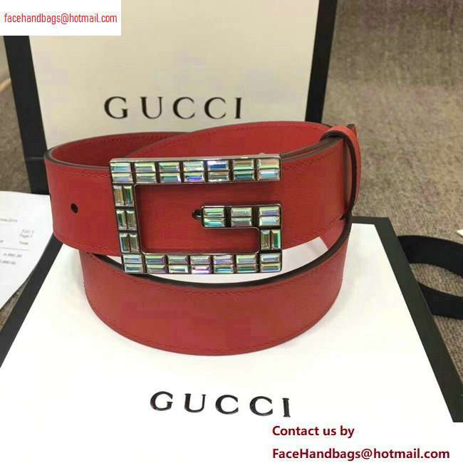 Gucci Width 3.5cm Leather Belt Red with Crystals Square G Buckle