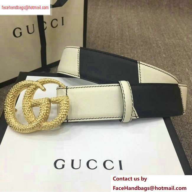 Gucci Width 4cm Diagonal Leather Belt Black/White with Textured Double G Buckle - Click Image to Close