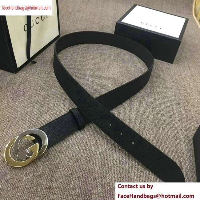 Gucci Width 4cm Leather Belt Black with Gold/Silver Interlocking G Buckle - Click Image to Close