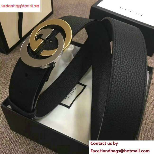 Gucci Width 4cm Leather Belt Black with Gold/Silver Interlocking G Buckle - Click Image to Close