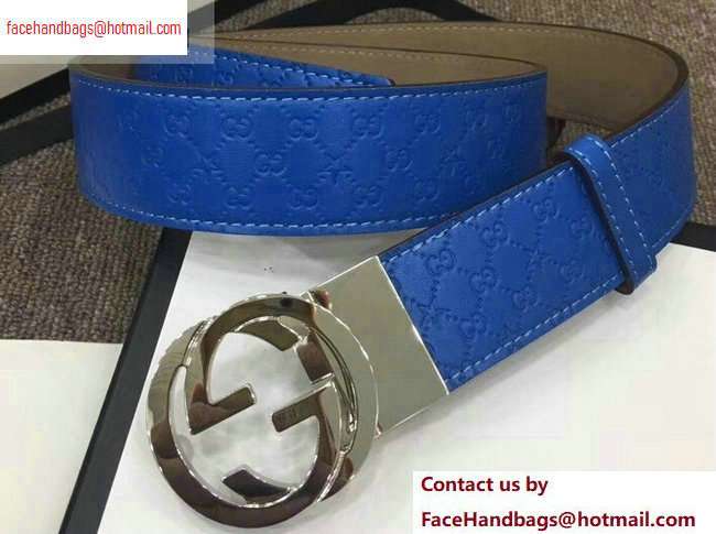 Gucci Width 4cm Signature Leather Belt Blue with Interlocking G Buckle