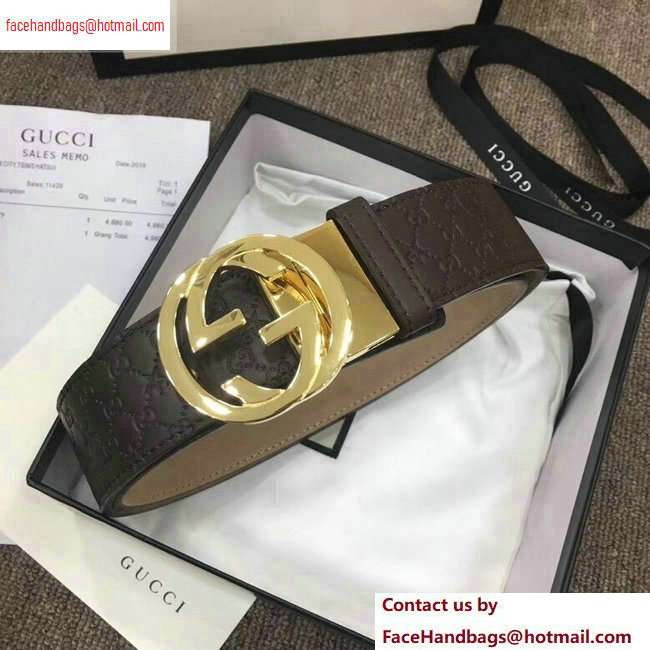 Gucci Width 4cm Signature Leather Belt Coffee with Interlocking G Buckle - Click Image to Close
