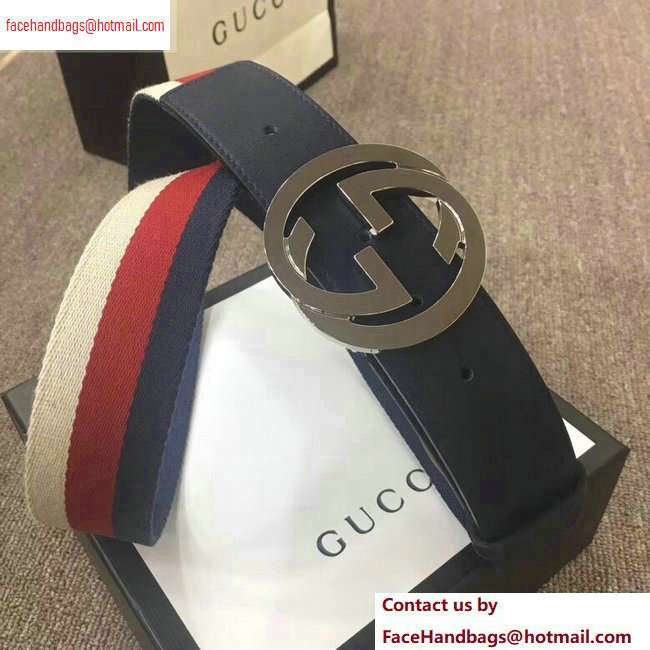 Gucci Width 4cm Sylvie Web and Leather Belt Blue with Interlocking G Buckle
