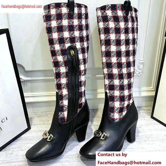 Gucci Zumi Tweed Knee Boots 577652 Check Blue/Red/White 2020