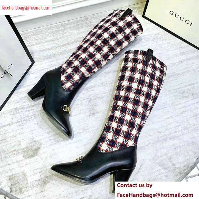Gucci Zumi Tweed Knee Boots 577652 Check Blue/Red/White 2020
