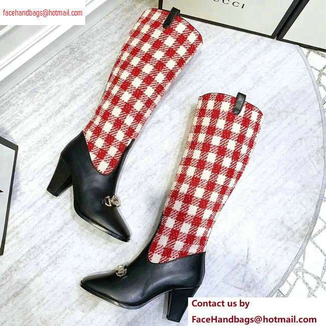 Gucci Zumi Tweed Knee Boots 577652 Check Red/White 2020 - Click Image to Close