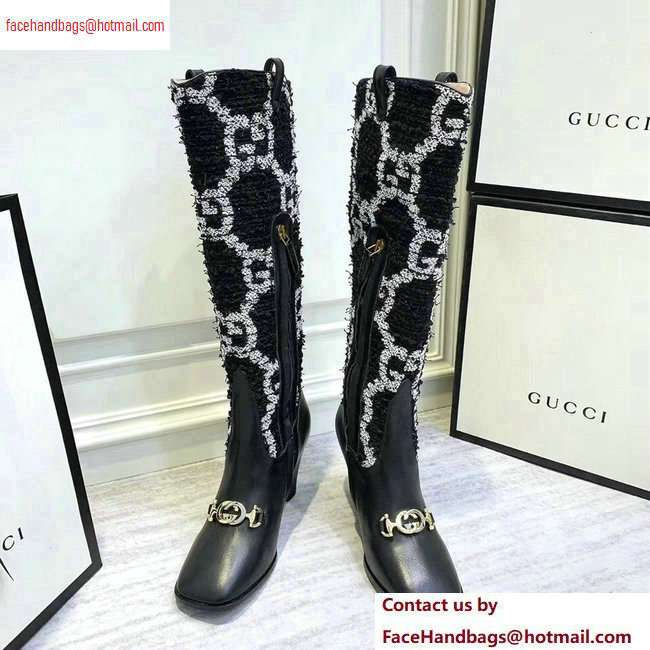 Gucci Zumi Tweed Knee Boots 577652 GG Black 2020
