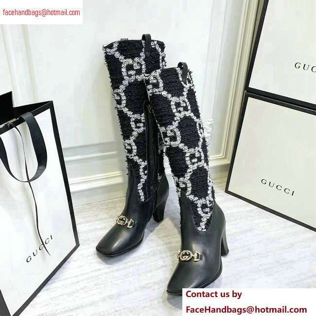 Gucci Zumi Tweed Knee Boots 577652 GG Black 2020