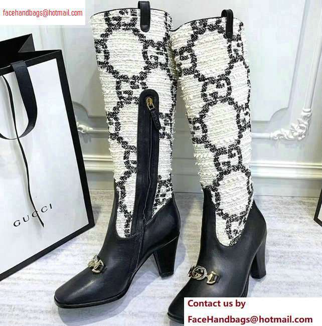 Gucci Zumi Tweed Knee Boots 577652 GG White 2020