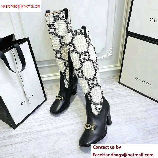 Gucci Zumi Tweed Knee Boots 577652 GG White 2020 - Click Image to Close