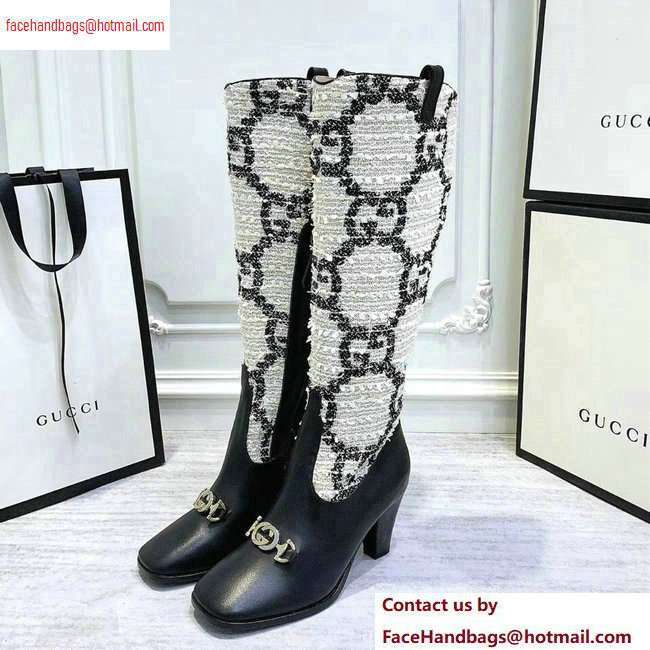 Gucci Zumi Tweed Knee Boots 577652 GG White 2020