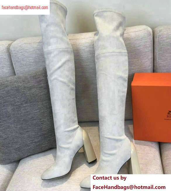 Hermes Heel 10cm Suede High Boots Off White 2020