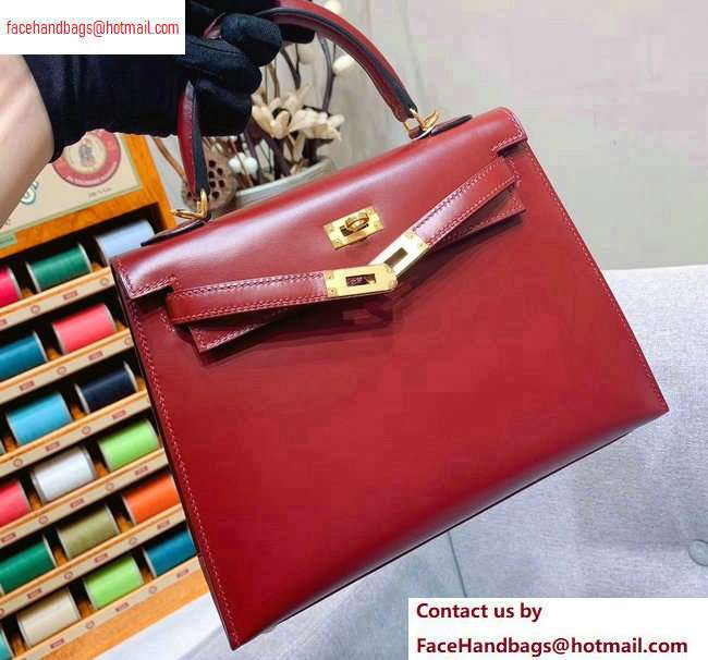 Hermes Kelly 25cm Bag in Original Box Leather Handmade Dark Red - Click Image to Close