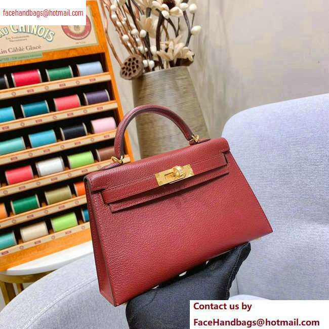 Hermes Mini Kelly II Bag in Original Chevre Leather Bordeaux Red - Click Image to Close