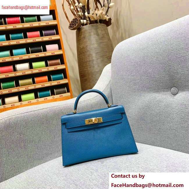 Hermes Mini Kelly II Bag in Original Chevre Leather Denim Blue
