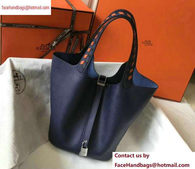 Hermes Picotin Lock 22 Bag with Braided Handles navy blue