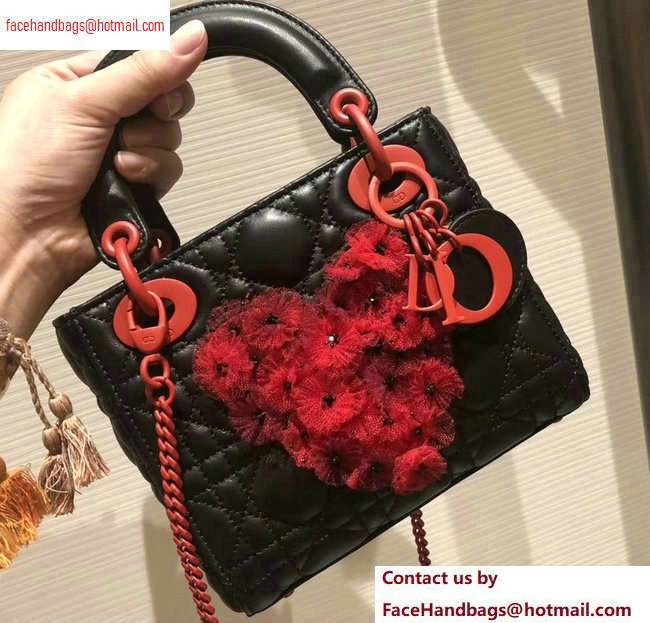 Lady Dior Bag in Black/Red Lambskin with Embroidered Flowers Fall 2020