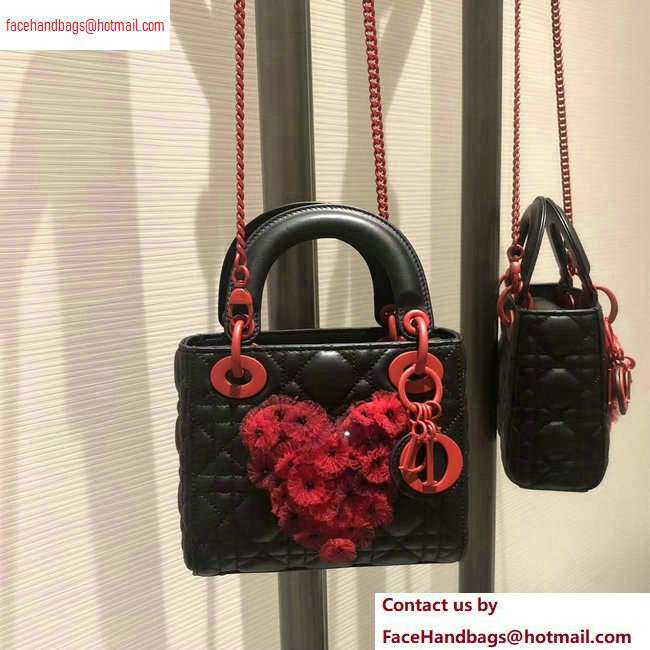 Lady Dior Bag in Black/Red Lambskin with Embroidered Flowers Fall 2020