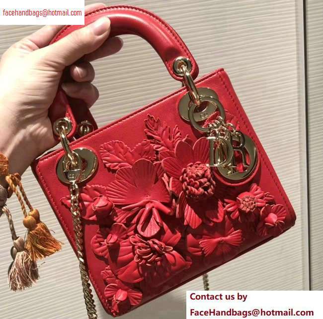 Lady Dior Bag in Red Lambskin with Embroidered Flowers Fall 2020