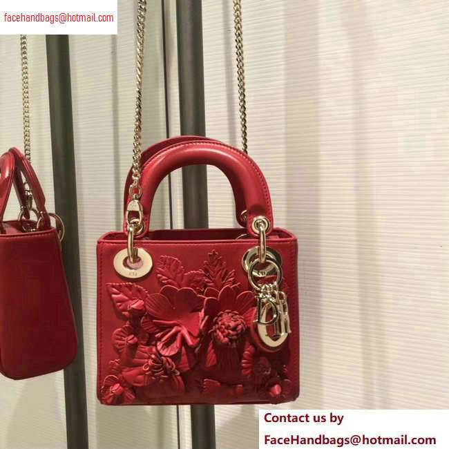 Lady Dior Bag in Red Lambskin with Embroidered Flowers Fall 2020
