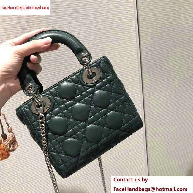 Lady Dior Mini sheepskin Bag in Cannage with Chain dark green