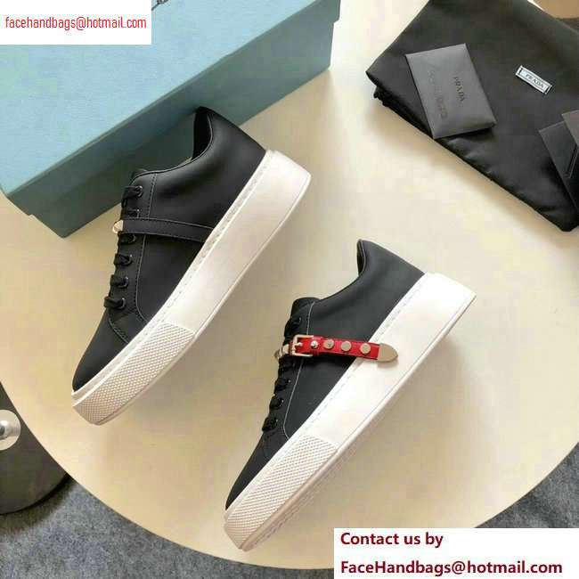 Prada Gabardine Leather Sneakers Black/Red Studded Strap 2020 - Click Image to Close