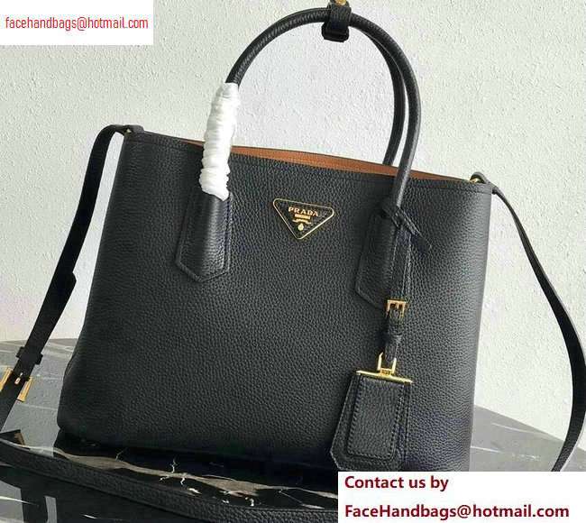 Prada Grained Leather Double Medium Tote Bag 1BG775/1BG008 Black/Khaki - Click Image to Close